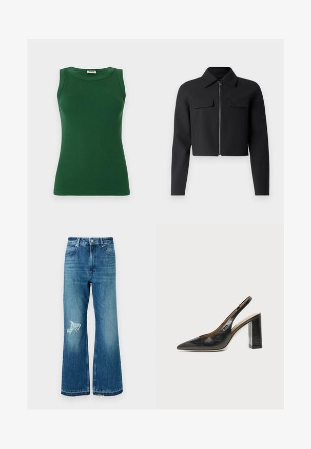Sort cropped jakke med lynlås foran, lange ærmer og to brystlommer; lavet af glat, struktureret stof.; Grønt ærmeløst ribbet tanktop med rund halsudskæring, der har en glat tekstur og en tætsiddende silhuet.; Blå denim flare jeans med en frynset kant og en slidset lap på venstre lår. Har et klassisk fem-lomme design og metalknapper.; Sort læder peep-toe slingback sko med høj blokhæl og beige indvendig foring mod en ensfarvet lys baggrund.