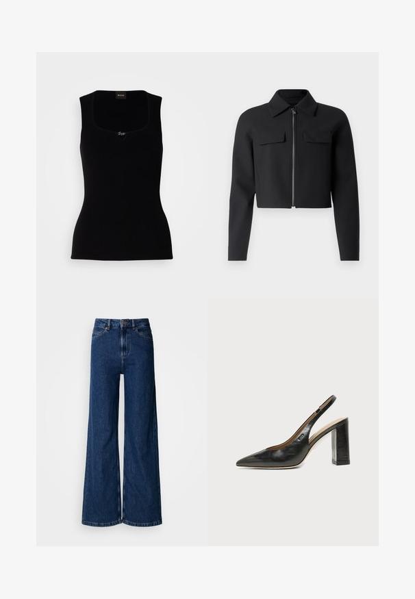 Veste noire cropped avec fermeture éclair à l'avant, manches longues et deux poches poitrine ; fabriquée à partir d'un tissu lisse et texturé.; Débardeur noir côtelé avec un décolleté carré, arborant un petit logo en accent au centre. Confectionné dans un matériau doux et texturé.; Jean large à lavage foncé en denim, doté d'une taille haute, d'un design classique à cinq poches et de détails de couture subtils le long des coutures.; Chaussure slingback en cuir noir à bout pointu avec un talon bloc haut et une doublure intérieure beige sur un fond clair uni.