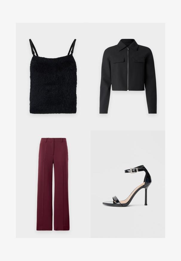 Sort cropped jakke med lynlås foran, lange ærmer og to brystlommer; lavet af glat, struktureret stof.; Sort fuzzy stof top med tynde stropper. Tekstureret overflade, firkantet form og let design. Enkel, monokrom farveskema.; Burgundy vide bukser lavet af glat stof, med flad front, bæltesløjfer og et skræddersyet design med foldede detaljer.; Sort højhælet sandal i laklæder med ankelrem. Har minimalistisk design, åben tå og spænde med rhinsten-detaljer.