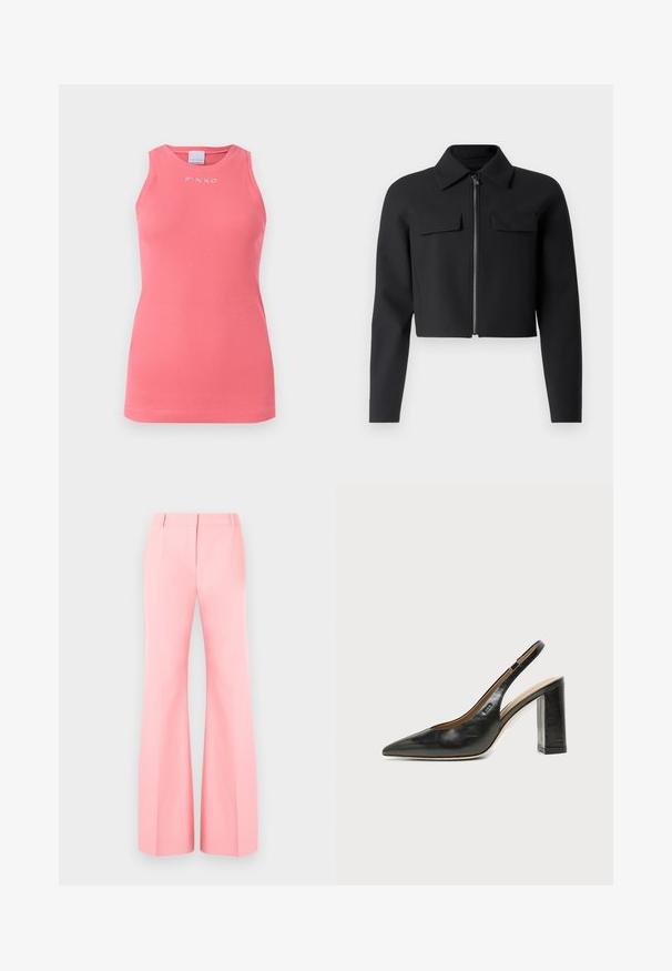 Schwarze, kurz geschnittene Jacke mit Reißverschluss vorne, langen Ärmeln und zwei Brusttaschen; aus glattem, strukturiertem Stoff.; Ärmelloses pinkes Ripp-Top mit rundem Ausschnitt, featuring ein kleines weißes "PINKO"-Logo, das auf der Brust zentriert ist.; Rosa weit geschnittene Hose mit tailliertem Design, flachem Bund und ordentlich gebügelten Falten. Glattes Material und hohe Taille.; Schwarzer Leder-Slingback-Schuh mit spitzer Kappe, hohem Blockabsatz und beigegefüttertem Innenraum vor hellem, einfarbigem Hintergrund.