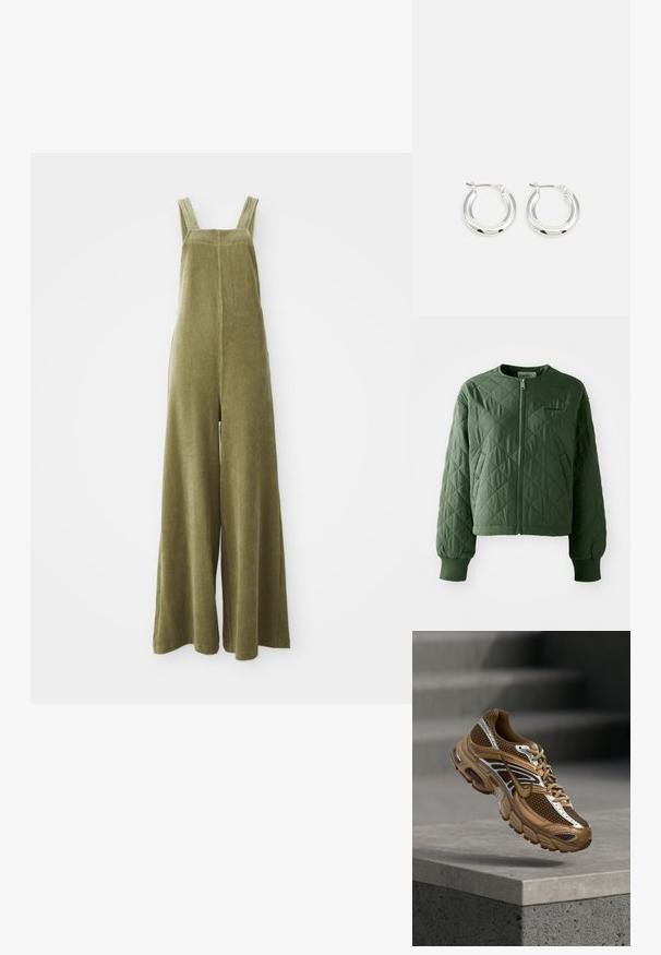 Grüne Steppjacke mit rundem Ausschnitt. Verfügt über einen Frontreißverschluss und zwei seitliche Taschen mit Druckknopfverschluss. Gerippte Bündchen runden die Ärmel ab.; Olivgrüne Corduroy-Overalls mit weitem Bein, verstellbaren Trägern und einer strukturierten Oberfläche. Einfaches Design, keine sichtbaren Muster oder Beschläge.; Brauner und beiger Nike-Sneaker mit Mesh- und reflektierenden Details schwebt über einer Betonkante vor einem verschwommenen grauen Hintergrund.; Silberne Creolen mit glänzender Oberfläche, die eine kreisrunde Form haben und mit einem schwenkbaren Verschluss ausgestattet sind. Glatte Textur mit minimalen Details.