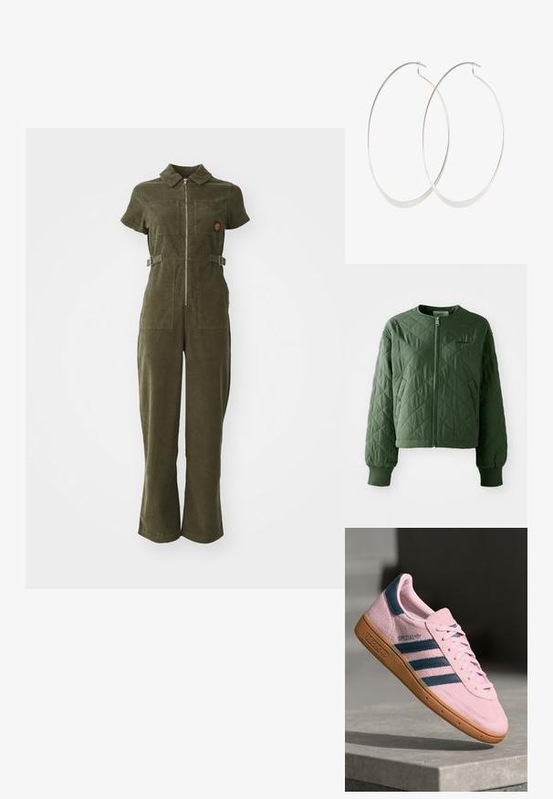 Quiltet grøn jakke med rund hals. Har en front lynlås og to sidelommer med trykknaplukninger. Ribbede mansjetter afslutter ærmerne.; Olivengrøn kordfløjl jumpsuit med lynlås foran, korte ærmer, to brystlommer og justerbare sidebånd. Bukser med flared ben.; Lyserød ruskindssneaker med marineblå tre striber, gummisål og lyserøde snørebånd. Har "SPEZIAL"-branding på siden.; Sølv hoops øreringe med et tyndt, glat design; langstrakt oval form; poleret finish; har en sikker krog lukning.