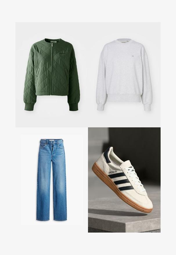 Kätiline rohelise värvi jakk ümmarguse kaelusega. Omab esist zipp ja kahte külgtaskut lukuga. Varrukad on lõpetatud ribatud äärtega.; Carhartt WIP CASEY - Pusa - ash heather/silver; Tumesinised teksapüksid kõrge vöökoha, laia jala disaini ja viie taskuga. Omab nööpidega sulgemist ja pleekinud viimistlust.; Valge suede toss, millel on tumesinised triibud, kummist alus, tekstureeritud pealis, ümar varvas ja paelad; külgedel ja keelel on brändingu elemendid.