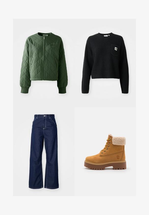 Veste matelassée verte avec un col rond. Comprend une fermeture éclair à l'avant et deux poches latérales avec des fermetures à pression. Les manches sont terminées par des poignets côtelés.; Pull en maille côtelée noir avec un col rond, des manches longues et une poche avant arborant un petit patch logo. Longueur cropped.; Jean large en denim bleu foncé, avec une taille haute, des coutures blanches contrastantes et un design traditionnel à cinq poches.; Bottine en daim beige avec un col en fausse fourrure, œillets dorés et semelle en caoutchouc contrastante. Présente un logo sur le côté et un motif texturé sur la semelle.