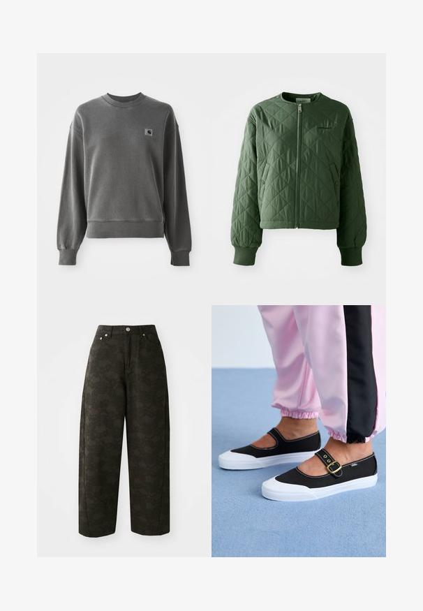 Gequilte groene jas met een ronde hals. Voorzien van een rits aan de voorkant en twee zijzakken met drukknopen. Ribgebreide manchetten maken de mouwen af.; Grijze pullover sweatshirt van een gladde katoenmix, met een ronde hals, geribbelde manchetten en een klein logopatch op de linkerkant van de borst.; Donkergroene wijde broek met een gestructureerd bloempatroon, vijf zakken en metalen knoopsluitingen in de taille.; Zwarte canvas schoenen met een witte zool, met een uitgesneden ontwerp en een gouden gespband. Draagt met roze joggingsbroek.