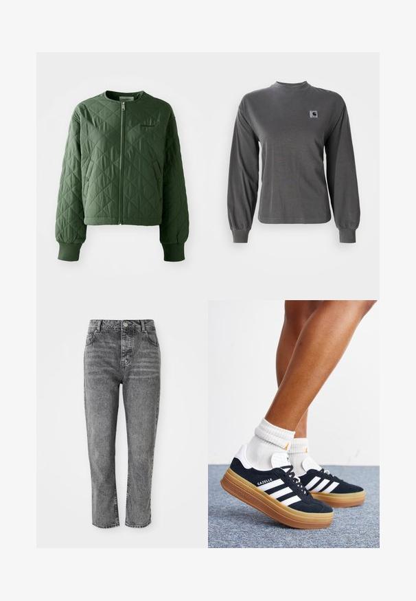 Grüne Steppjacke mit rundem Ausschnitt. Verfügt über einen Frontreißverschluss und zwei seitliche Taschen mit Druckknopfverschluss. Gerippte Bündchen runden die Ärmel ab.; Langärmliges graues T-Shirt aus Baumwolle, mit rundem Ausschnitt und elastischen Bündchen, mit einem kleinen quadratischen Logo auf der Brust.; Graue Jeans aus Denim mit hoher Taille und geradem Bein, ausgestattet mit Fronttaschen und einem kleinen Metallknopfdetail am Bund.; Beine mit weißen Socken und schwarzen Adidas Gazelle Sneakers mit weißen Streifen und dicken braunen Sohlen auf einem grauen Teppichboden.