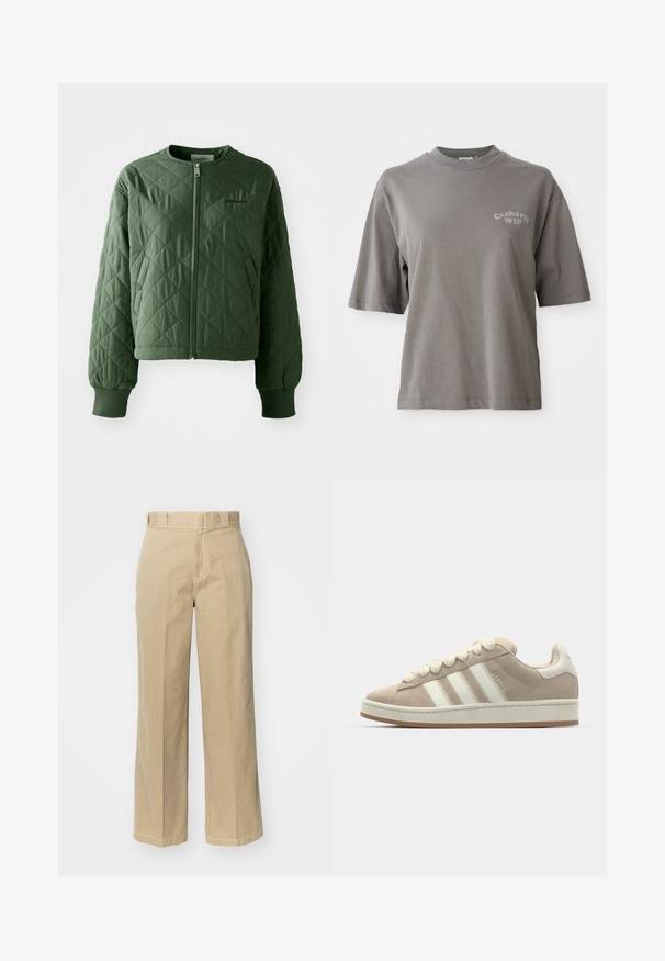 Chaqueta acolchada verde con cuello redondo. Presenta un cierre frontal y dos bolsillos laterales con cierres de botón. Los puños acanalados rematan las mangas.; Camiseta de algodón gris con mangas cortas, cuello redondo y un pequeño logo de Carhartt WIP impreso en el frente. Textura suave, ajuste relajado.; Pantalones de pierna ancha en color beige, confeccionados en algodón, con pasadores para cinturón, cierre de cremallera y Costuras en contraste a lo largo de las costuras.; Zapatillas de ante marrón con rayas y cordones de cuero blanco, suela de goma, cuello acolchado y detalles texturizados en la parte superior.