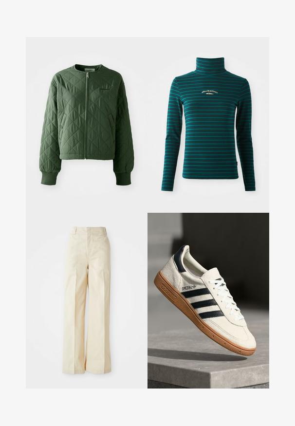 Grüne Steppjacke mit rundem Ausschnitt. Verfügt über einen Frontreißverschluss und zwei seitliche Taschen mit Druckknopfverschluss. Gerippte Bündchen runden die Ärmel ab.; Langärmliges Rollkragenoberteil in Türkis mit dunkelblauen horizontalen Streifen. Verfügt über ein kleines weißes und goldenes Logo auf der Brust. Weicher, dehnbarer Stoff.; Beige weit geschnittene Hose mit hoher Taille, aus glattem Stoff und ordentlich gebügelten Vorderfalten, vor einem schlichten weißen Hintergrund.; Weiße Wildleder-Sneaker mit marineblauen Streifen, Gummisohle, strukturiertem Obermaterial, runder Zehenform und Schnürung; mit Branding an der Seite und auf der Zunge.