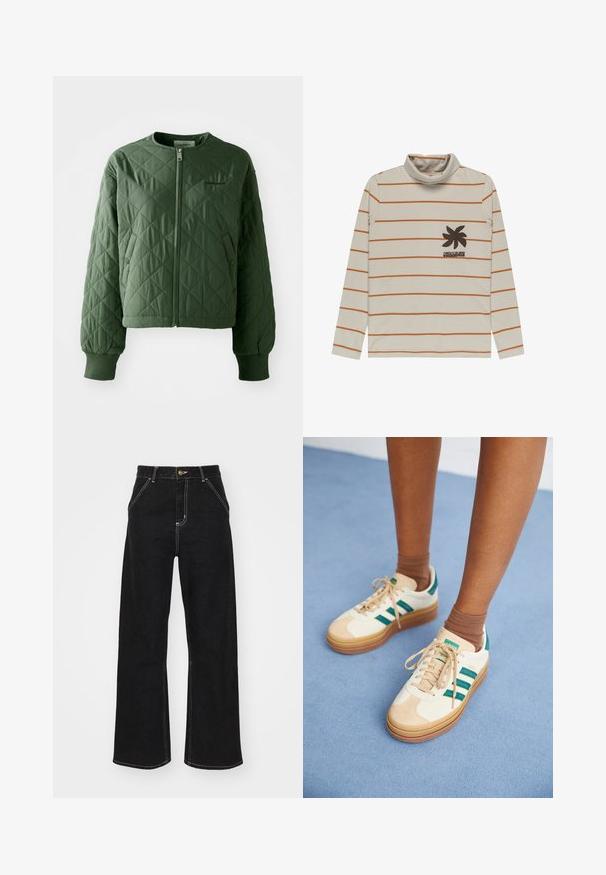 Quiltet grøn jakke med rund hals. Har en front lynlås og to sidelommer med trykknaplukninger. Ribbede mansjetter afslutter ærmerne.; Cremefarvet langærmet turtleneck bluse med orange horisontale striber og et palmetræsgrafik i mørkebrune nuancer på venstre bryst. Blødt stof.; Svarte jeans med vide ben lavet af denim. Har kontrastfuld hvid syning, forlommer og en knaplukning i taljen.; Beige sneakers med mørkegrønne striber, gummisål, overdel i ruskind og tekstil samt neutralt hardware, parret med brune sokker på en lyseblå overflade.