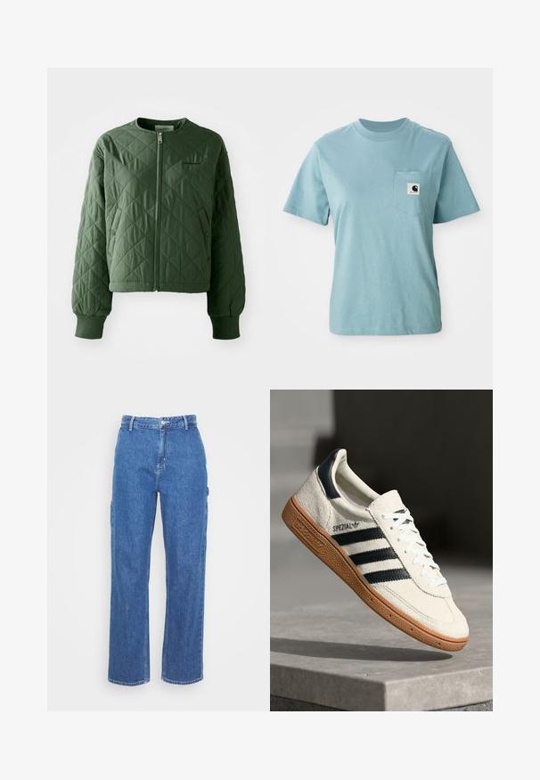 Grüne Steppjacke mit rundem Ausschnitt. Verfügt über einen Frontreißverschluss und zwei seitliche Taschen mit Druckknopfverschluss. Gerippte Bündchen runden die Ärmel ab.; Helles blaues, kurzärmliges Baumwoll-T-Shirt mit Brusttasche, das mit einem kleinen schwarz-weißen Carhartt-Logo-Patch versehen ist.; Blaue High-Waist-Jeans mit geradem Bein, ausgestattet mit einem Frontknopfverschluss und seitlichen Taschen. Glatte Textur und keine sichtbaren Muster.; Weiße Wildleder-Sneaker mit marineblauen Streifen, Gummisohle, strukturiertem Obermaterial, runder Zehenform und Schnürung; mit Branding an der Seite und auf der Zunge.