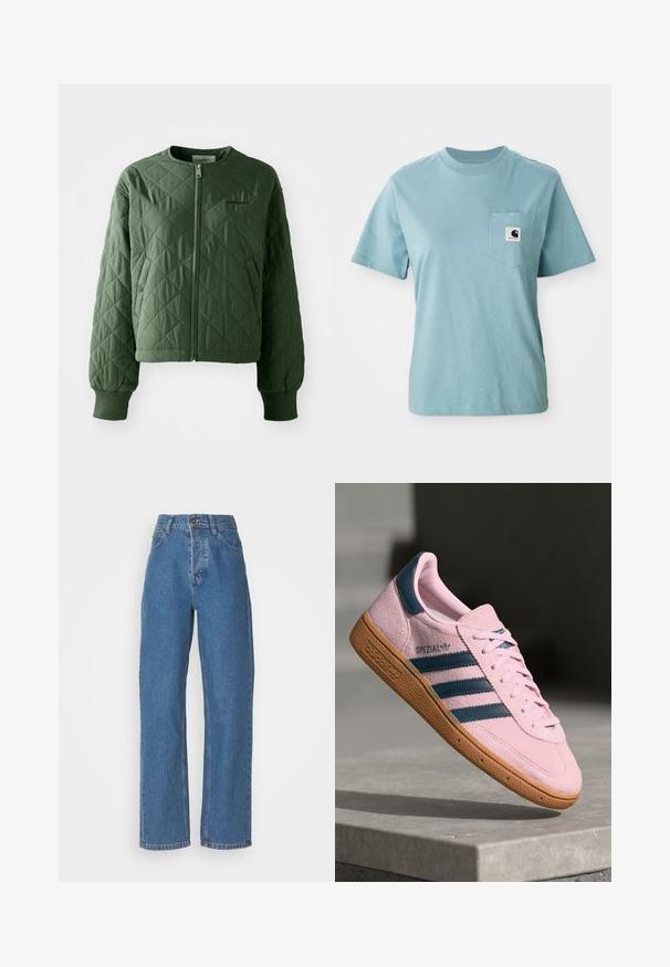 Quiltet grøn jakke med rund hals. Har en front lynlås og to sidelommer med trykknaplukninger. Ribbede mansjetter afslutter ærmerne.; Lyseblå kortærmet bomulds T-shirt med brystlomme og et lille sort-hvidt Carhartt logo patch.; Højtaljede, lige ben blå jeans med en falmet finish. Har fem lommer, en knaplukning og subtile stikninger.; Lyserød ruskindssneaker med marineblå tre striber, gummisål og lyserøde snørebånd. Har "SPEZIAL"-branding på siden.