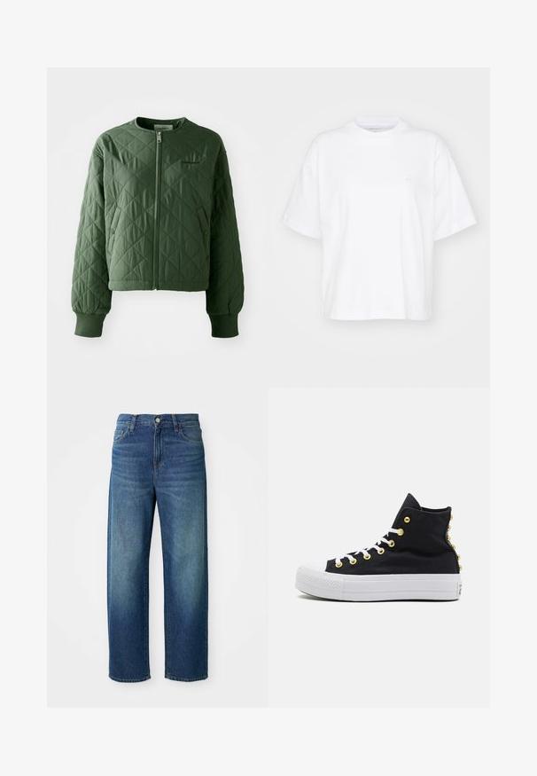 Chaqueta acolchada verde con cuello redondo. Presenta un cierre frontal y dos bolsillos laterales con cierres de botón. Los puños acanalados rematan las mangas.; Camiseta de algodón blanca con cuello redondo, mangas cortas y un corte relajado. Presenta un logo sutil en el área del pecho izquierdo. Textura suave.; Vaqueros de mezclilla azul, diseño de pierna ancha, cintura de medio tiro, desgaste sutil, estilo de cinco bolsillos, con cierre de botón y cremallera, dobladillo recto.; Zapatillas altas negras con suela blanca, ojales dorados y tachuelas decorativas en la parte trasera. Fabricadas en material de lona con un acabado texturizado.