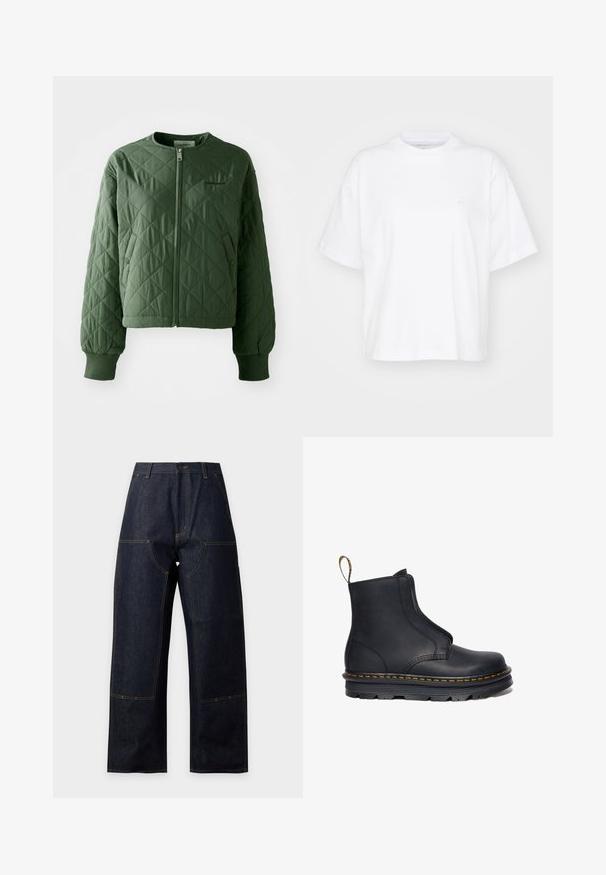 Grüne Steppjacke mit rundem Ausschnitt. Verfügt über einen Frontreißverschluss und zwei seitliche Taschen mit Druckknopfverschluss. Gerippte Bündchen runden die Ärmel ab.; Weißes Baumwoll-T-Shirt mit Rundhalsausschnitt, kurzen Ärmeln und lockerer Passform. Verfügt über ein dezentes Logo auf der linken Brustseite. Glatte Textur.; Dunkelblaue Jeans mit weitem Bein und hoher Taille, sichtbaren gelben Nähten, Knopfverschluss vorne und großen aufgesetzten Fronttaschen.; Schwarze Leder-Stiefelette mit elastischen seitlichen Einsätzen, runder Zehenform, kontrastierenden gelben Nähten und einer robusten Gummisohle.