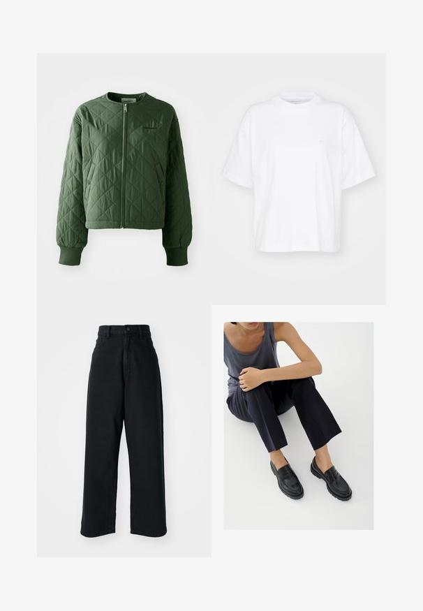 Gequilte groene jas met een ronde hals. Voorzien van een rits aan de voorkant en twee zijzakken met drukknopen. Ribgebreide manchetten maken de mouwen af.; Witte katoenen t-shirt met een ronde hals, korte mouwen en een ontspannen pasvorm. Heeft een subtiel logo op het linkerborstgedeelte. Zachte textuur.; Zwarte high-waisted wide-leg jeans met voorzakken en knoopsluiting, weergegeven tegen een witte achtergrond.; Zwarte leren loafers met textuurelementen, lage hak, ronde neus en zichtbare stiksels. Model draagt donkere broek en een grijze top.