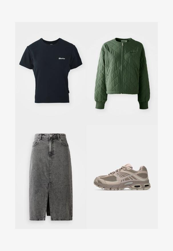 Gequilte groene jas met een ronde hals. Voorzien van een rits aan de voorkant en twee zijzakken met drukknopen. Ribgebreide manchetten maken de mouwen af.; Zwart katoenen t-shirt met korte mouwen, ronde halslijn en klein wit geborduurd logo op de borst. Klassiek, getailleerd ontwerp.; Hoge taille, vervaagde zwarte denim midi-jurk met een split aan de voorkant, riemlussen en een klassieke vijf-pocket ontwerp.; Beige sportschoen met bovenwerk van mesh, gevormde accenten, ronde neus en zichtbare luchtkussens in de zool. Veters in een neutrale tint.