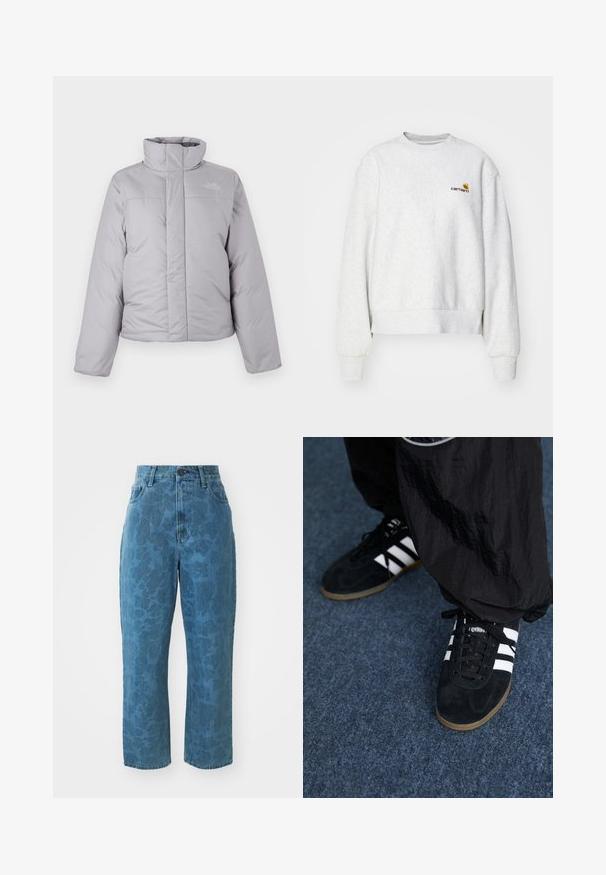 Hellgraue gesteppte Steppjacke mit hohem Kragen, durchgehendem Reißverschluss vorne und horizontalen Steppnähten. Verfügt über ein Logo auf der linken Brustseite und lange Ärmel.; Grauer Rundhalsausschnitt-Pullover aus weichem Material mit gerippten Bündchen und Saum; mit gesticktem Logo auf der Brust in Gelb und Kastanienbraun.; Hellblaue Jeans aus Denim mit subtiler gemusterter Textur, hoher Taille und geradem Bein. Mit einem vorderen Knopf- und Reißverschluss.; Schwarze Wildleder-Sportschuhe mit drei weißen Streifen und schwarzen Schnürsenkeln. Eine strukturierte schwarze Hose ist teilweise neben den Schuhen sichtbar.