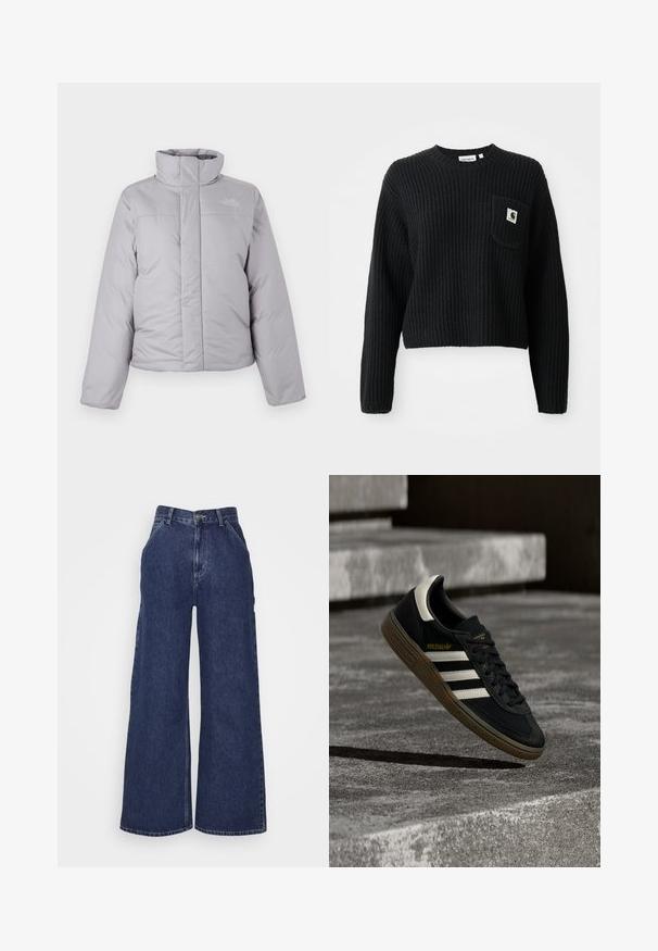 Lysegrå dunjakke med høj krave, lynlås foran og vandret syning. Har et logo på venstre bryst og lange ærmer.; Sort ribbenstrikket sweater med rund hals, lange ærmer og en frontlomme med et lille logo patch. Forkortet længde.; Bredde denimjeans i mørkeblå, med høj talje, for- og baglommer samt lynlås med metalknap. Glat tekstur og klassisk design.; Sort Adidas-sneaker med hvide striber og gummisåler, svævende over grå betontrapper i naturligt lys.