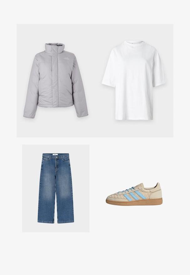 Lysegrå dunjakke med høj krave, lynlås foran og vandret syning. Har et logo på venstre bryst og lange ærmer.; Hvid bomulds t-shirt med rund halsudskæring, korte ærmer og en løs pasform. Stoffet ser glat og let ud.; Blå denimjeans med vide ben, forlommer og et bundet bælte, med let falmede områder på lårene.; Beige sneakers med en tekstureret strik-overdel, lyseblå striber og brun gummisål. Har runde snørebånd og logodetalje på siden.