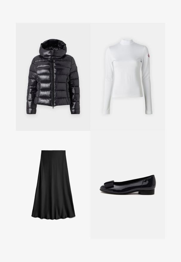 Chaqueta de plumón negra con un acabado brillante y acolchado, que presenta un cuello alto, cierre con cremallera y un diseño corto.; Top de manga larga blanco y de cuello alto, fabricado en una tela suave, con un diseño ajustado y un pequeño logo de color en la manga izquierda.; Falda negra de satén en línea A con textura suave y dobladillo fluido, hasta la rodilla, mostrada sobre un fondo blanco.; Zapato plano de charol negro con tacón bajo y gran lazo decorativo de tela en la parte delantera, visto de lado.