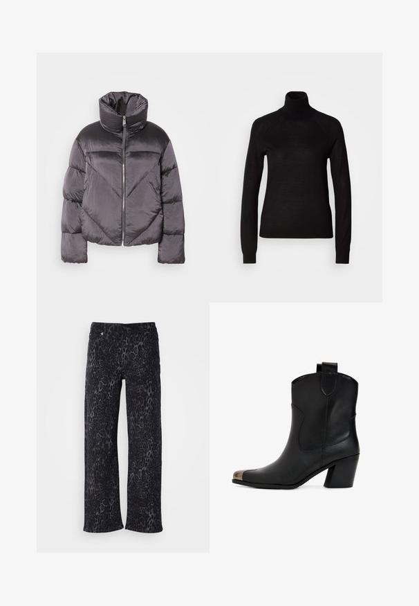 Puffjakke i mørkegrå, med høj krave, blankt materiale, chevronmønster og frontlynlås. Korte, polstrede ærmer.; Sort turtleneck sweater lavet af et let strikket stof. Har lange ærmer og en tætsiddende silhuet med raglan-sømme.; Sorte leopardmønstret bukser i løs pasform. Lavet af blødt stof med en glat tekstur. Med lynlås og knaplukning.; Sort læderankelstøvle med en let hæl, udstyret med en spids tå og metalhætte. Enkel syning og trækflap på bagsiden.
