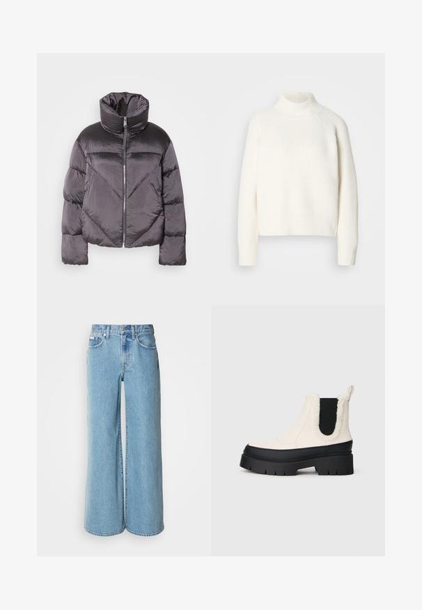 Puffjakke i mørkegrå, med høj krave, blankt materiale, chevronmønster og frontlynlås. Korte, polstrede ærmer.; Hvid ribbet turtleneck sweater med en afslappet pasform, der har lange ærmer og en cropped kant, lavet af et blødt, tekstureret strikmateriale.; Lyseblå brede jeans lavet af denim, med høj talje, fem-lomme design og subtil falming langs stoffet.; Kraftige platform ankelstøvler med en hvid overdel, sort gummisål og kontrasterende sorte elastiske sidestykker. Faux fur kant øverst.