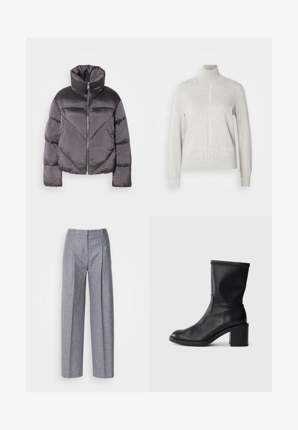 Puffjakke i mørkegrå, med høj krave, blankt materiale, chevronmønster og frontlynlås. Korte, polstrede ærmer.; Lys grå sweater med høj krave og kvart lynlås. Lavet af et blødt, struktureret materiale, der har lange ærmer og en tætsiddende kant.; Lys grå bredbenede bukser i et struktureret stof, med plisseringer foran og en skræddersyet talje. Minimalistisk design, ingen synlig hardware.; Sort læder ankelstøvle med rund tå, glat tekstur og en grov hæl, der har et tætsiddende skaft og subtil syning.