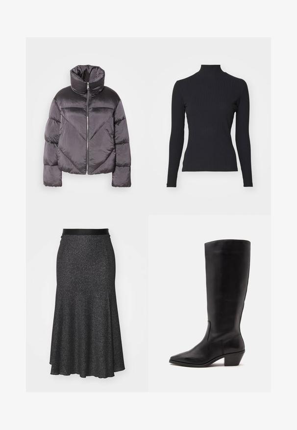 Daunenjacke in Dunkelgrau, mit hohem Kragen, glänzendem Material, Zickzackmuster und einem Reißverschluss vorne. Kurze, gepolsterte Ärmel.; Schwarzes, geripptes Rollkragenoberteil mit langen Ärmeln. Aus dehnbarem Stoff mit figurbetonter Passform und hohem Kragen. Einfaches Design ohne Verzierungen.; Schwarzer, glitzernder A-Linien-Rock mit glattem Bund, aus strukturiertem Material, mit längerem hinterem Saum und subtilen Glitzereffekten.; Schwarzer Lederstiefel bis zur Wade mit spitzer Spitze und niedrigem schrägem Absatz vor einfachem hellem Hintergrund.