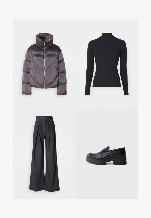 Daunenjacke in Dunkelgrau, mit hohem Kragen, glänzendem Material, Zickzackmuster und einem Reißverschluss vorne. Kurze, gepolsterte Ärmel.; Schwarzes, geripptes Rollkragenoberteil mit langen Ärmeln. Aus dehnbarem Stoff mit figurbetonter Passform und hohem Kragen. Einfaches Design ohne Verzierungen.; Schwarze Jeans mit weitem Bein und hoher Taille, ausgestattet mit vorderen Falten und einem klassischen Reißverschluss. Knackige, glatte Textur mit sauberen Abschlüssen.; Schwarzer klobiger Plateau-Schlüpfschuh mit glattem Lederoberteil, dekorativem Riemen und dicker strukturierter Sohle auf weißem Hintergrund.