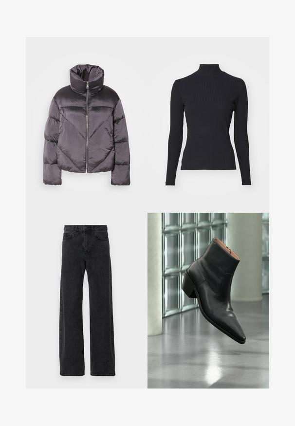 Daunenjacke in Dunkelgrau, mit hohem Kragen, glänzendem Material, Zickzackmuster und einem Reißverschluss vorne. Kurze, gepolsterte Ärmel.; Schwarzes, geripptes Rollkragenoberteil mit langen Ärmeln. Aus dehnbarem Stoff mit figurbetonter Passform und hohem Kragen. Einfaches Design ohne Verzierungen.; Schwarze Denim-Jeans mit weitem Bein, klassischen fünf Taschenstil, Knopfverschluss und subtiler Waschung.; Schwarzer Leder-Stiefelette mit spitzer Schuhspitze und Blockabsatz, der über einem reflektierenden grauen Boden nahe einer Glassteinwand schwebt.