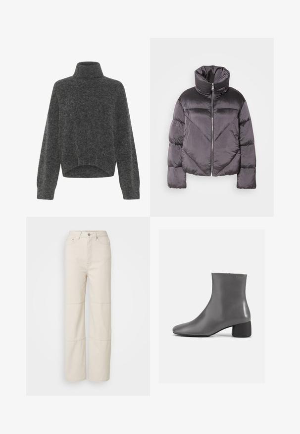 Puffjakke i mørkegrå, med høj krave, blankt materiale, chevronmønster og frontlynlås. Korte, polstrede ærmer.; Mørkegrå, fuzzy turtleneck sweater med afslappet pasform og dropped shoulders. Blød tekstur og cropped kantdetalje. Ingen synlige lukninger.; Lysebeige vide jeans lavet af bomuld. Har høj talje, frontlukning med knap og to vandrette søm accenter på benene.; Grå læder ankelstøvle med et slankt design, spidse tæer og en kort blokhæl. Glat tekstur med minimal branding på siden.