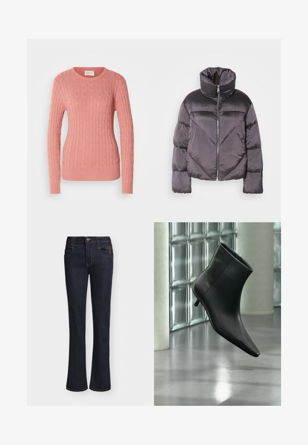 Chaqueta tipo puff en gris oscuro, con un cuello alto, material brillante, patrón de flechas y cierre frontal con cremallera. Mangas cortas y acolchadas.; Suéter de punto trenzado en suave color rosa, con un cuello redondo y mangas largas. El patrón texturizado añade profundidad. Sutil marca en el pecho.; Vaqueros de denim azul oscuro con piernas ligeramente acampanadas, cierre frontal con botón y cremallera, bolsillos delanteros y detalles de costuras visibles.; Botín negro de cuero con punta puntiaguda y tacón bajo estilo kitten, mostrado en ángulo sobre un suelo pulido y con una pared de bloques de vidrio de fondo.
