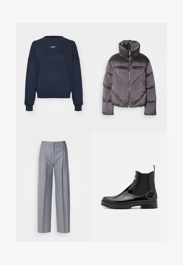 Puffjacka i mörkgrått, med hög krage, glänsande material, sicksackmönster och framfickslås. Korta, vadderade ärmar.; Laivansinis huppari, joka on valmistettu pehmeästä puuvillasta. Siinä on pyöreä kaula-aukko, laskettu olkalinja ja brodeerattu logo rinnassa. Rennon mallinen, ribbauslahkeet.; Vaaleanharmaat leveät housut, joissa on teksturoitu kangas, etupuolella laskokset ja muotoiltu vyötärö. Minimalistinen muotoilu, ei näkyvää metalliosaa.; HUGO TABITA - Kumisaappaat - black