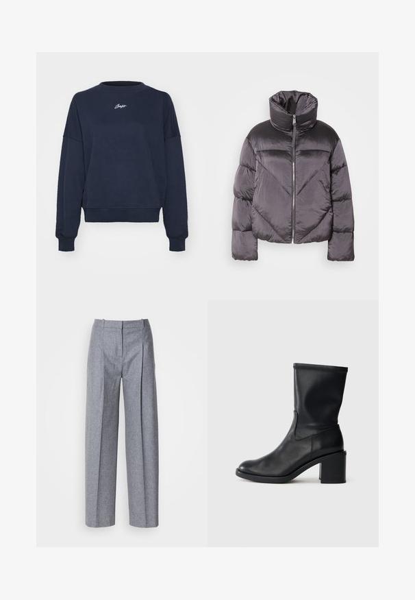 Pufferjack in donkergrijs, met een hoge kraag, glanzend materiaal, chevronpatroon en een voorkant met ritssluiting. Korte, gewatteerde mouwen.; Navy blauwe sweatshirt van zacht katoen, met een ronde hals, verlaagde schouders en geborduurd logo op de borst. Casual pasvorm, ribbelmanchetten.; Lichtgrijze wijdluwe broeken van een gestructureerde stof, met plooien aan de voorkant en een fijne taille. Minimalistisch ontwerp, zonder zichtbare hardware.; Zwarte leren enkellaars met een ronde neus, een gladde textuur en een chunky hak, met een strak schacht en subtiele stiksels.