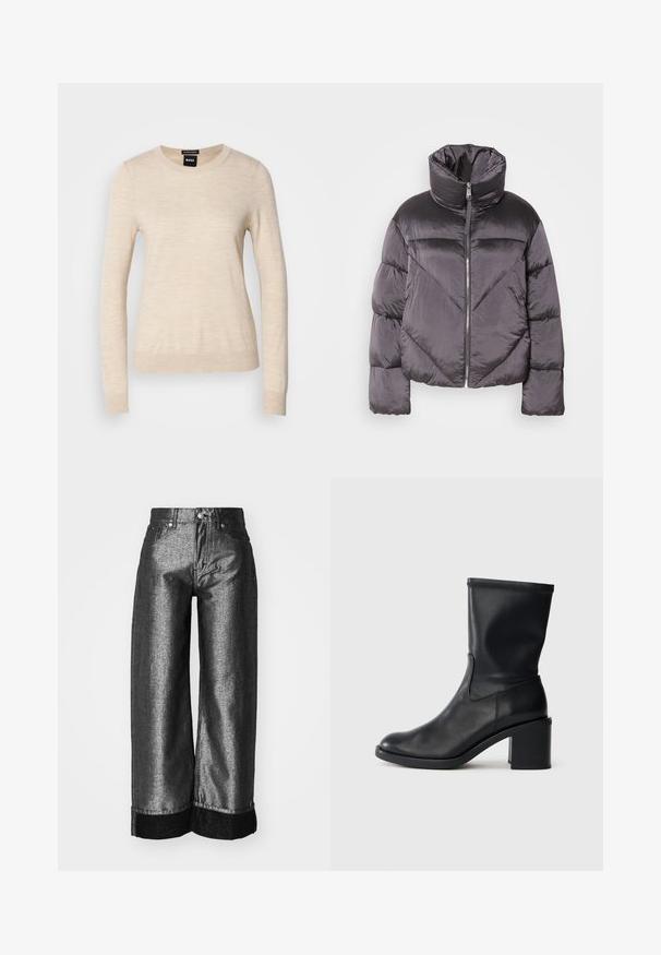 Chaqueta tipo puff en gris oscuro, con un cuello alto, material brillante, patrón de flechas y cierre frontal con cremallera. Mangas cortas y acolchadas.; BOSS FERPINA - Jersey de punto - light beige; Jean de pierna ancha en denim gris metálico oscuro con una textura suave. Presenta un puño de denim negro y cierre de botón estándar con lazos para cinturón.; Botín negro de cuero hasta el tobillo con punta redonda, textura suave y tacón grueso, que presenta un eje ajustado y un sutil detalle de costura.