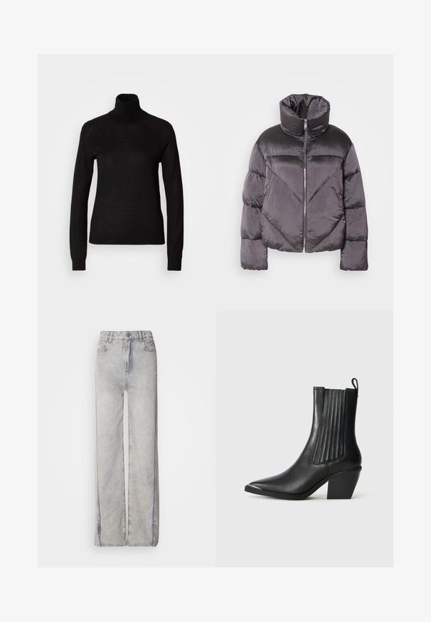 Puffjakke i mørkegrå, med høj krave, blankt materiale, chevronmønster og frontlynlås. Korte, polstrede ærmer.; Sort turtleneck sweater lavet af et let strikket stof. Har lange ærmer og en tætsiddende silhuet med raglan-sømme.; Lyseblå vid-leg jeans lavet af denim med en falmet vask, der har lynlås, fem lommer og kontraststikning.; Sort læder ankelstøvle med spids tå, ribbede sidepaneler og en kraftig hæl, placeret på en struktureret fliseoverflade.