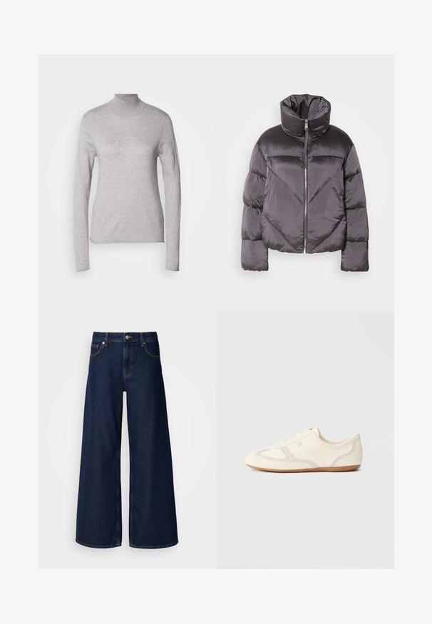 Puffjakke i mørkegrå, med høj krave, blankt materiale, chevronmønster og frontlynlås. Korte, polstrede ærmer.; Lys grå turtleneck top med lange ærmer, lavet af et blødt strikmateriale. Har et tætsiddende design og ribbet hals. Glat tekstur.; Bredde ben mørkeblå denimbukser med høj talje, frontlommer og knaplukning. Har kontrastsyninger og en glat tekstur.; Sneakers i cremefarve med overdel i ruskind og stof, rundet tå og gummisål med beige detaljer. Snørelukning.