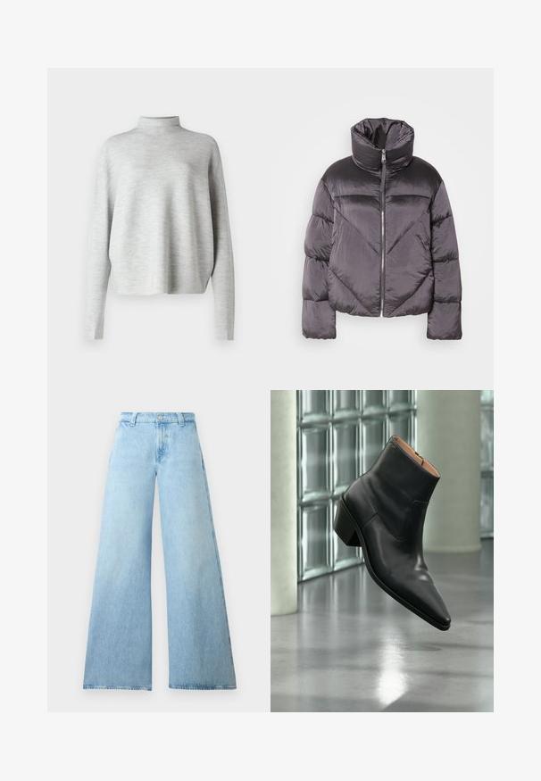 Puffjakke i mørkegrå, med høj krave, blankt materiale, chevronmønster og frontlynlås. Korte, polstrede ærmer.; Lys grå turtleneck sweater, lavet af blødt stof, med lange ærmer og en afslappet pasform, med en glat, fin struktur.; Lysblå brede jeans lavet af denim med høj talje, der har en knaplukning og fem lommer. Glat tekstur med en afslappet silhuet.; Sort læderankelstøvle med spids tå og blokhæl, der svæver over en reflekterende grå gulv nær en væg af glasblokke.