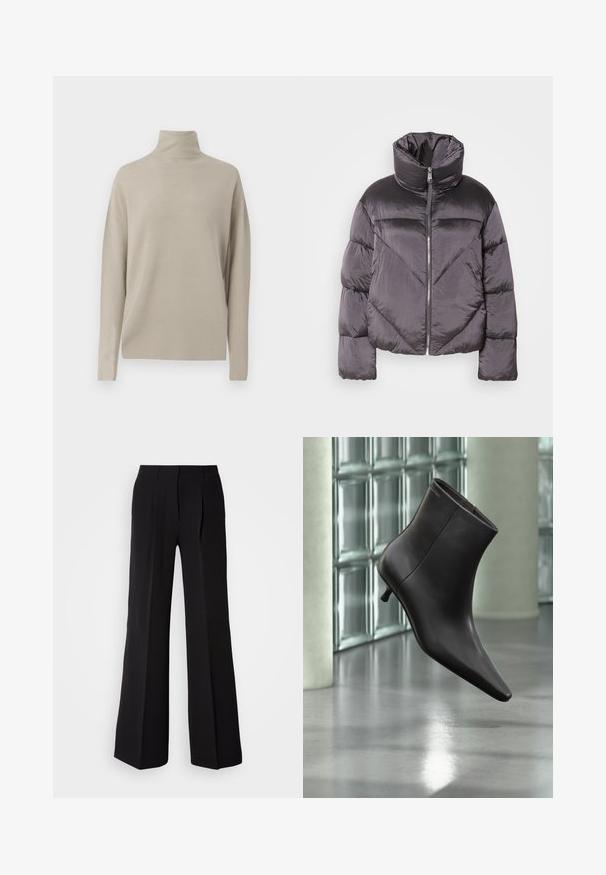 Puffjakke i mørkegrå, med høj krave, blankt materiale, chevronmønster og frontlynlås. Korte, polstrede ærmer.; Lys beige turtleneck sweater, lavet af blødt strikmateriale, har en afslappet pasform med lange ærmer og høj krave. Ingen synlige mønstre.; Sorte bukser lavet af glat stof, med høj talje, bred ben silhuet og to frontfolder for ekstra design detaljer.; Sort læderankelstøvle med spids tå og lille hæl vist mod en væg af glasblokke og poleret gulv baggrund.