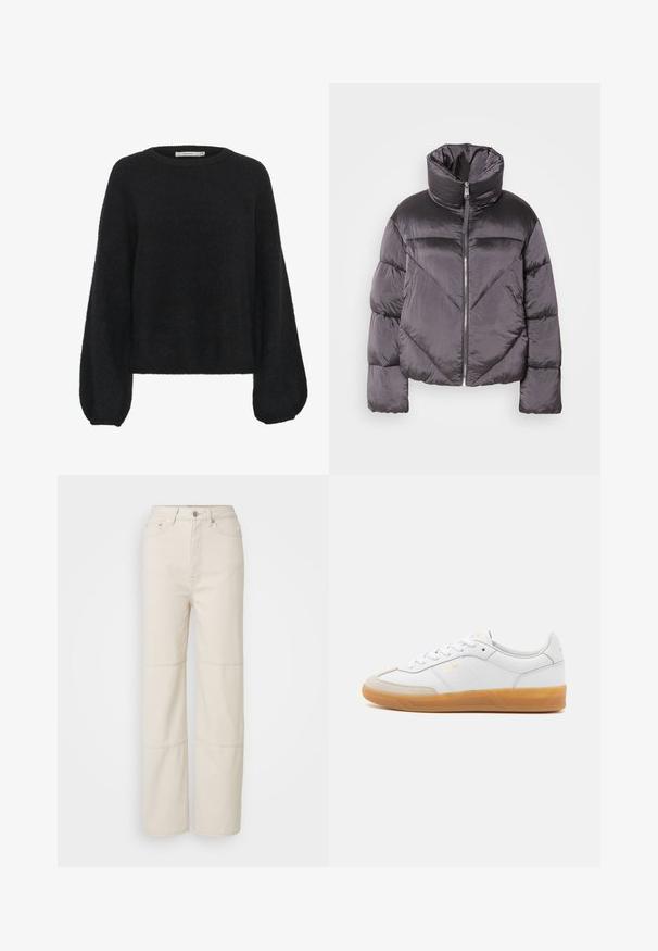 Doudoune gris foncé, avec un col montant, en matériau brillant, motif en chevrons, et fermeture à glissière à l'avant. Manches courtes rembourrées.; Gestuz ALPHA - Pullover - black; Jean large beige clair en coton. Présente une taille haute, une fermeture à bouton à l'avant et deux accents de couture horizontaux sur les jambes.; Baskets en cuir blanc avec des accents en suédine beige, semelle en caoutchouc gomme et design à lacets. Présente un logo discret en doré.