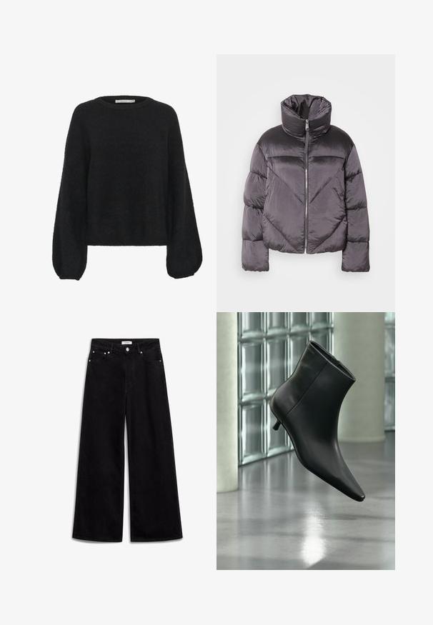 Puffjakke i mørkegrå, med høj krave, blankt materiale, chevronmønster og frontlynlås. Korte, polstrede ærmer.; Gestuz ALPHA - Striktrøje - black; Sorte vidde jeans lavet af denim, med høj talje, fem lommer og sølv hardware detaljer. Glat tekstur, enkelt design.; Sort læderankelstøvle med spids tå og lav kitten-hæ, vist vinklet mod en poleret gulv- og glasblokvæg.