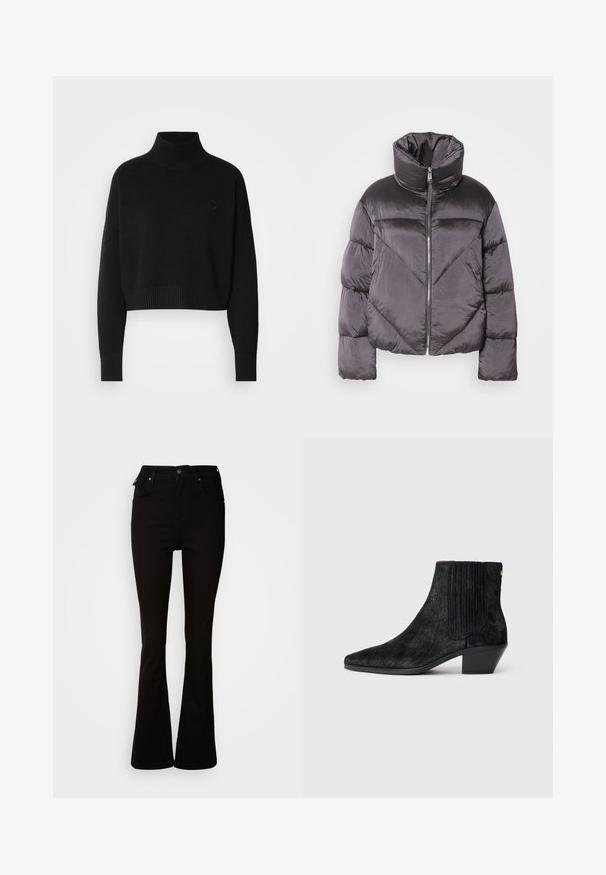 Pufferjack in donkergrijs, met een hoge kraag, glanzend materiaal, chevronpatroon en een voorkant met ritssluiting. Korte, gewatteerde mouwen.; Zwarte cropped sweater, geribbelde turtleneck, lange mouwen, gebreide textuur, met een klein logo op de borst.; Zwarte flared jeans van denim, met een hoge taille, voorzakken en een klassiek vijf-pocket ontwerp met metalen accenten.; Zwarte enkelboot met een spitse neus, textuur die lijkt op haar, ribbelpaneel aan de zijkant en een lage blokhak. Eenvoudig en modern ontwerp.