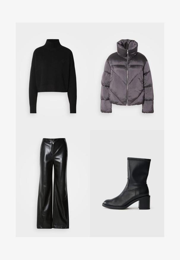 Puffjakke i mørkegrå, med høj krave, blankt materiale, chevronmønster og frontlynlås. Korte, polstrede ærmer.; Sort cropped sweater, ribbede turtleneck, lange ærmer, strikket tekstur, med et lille logo på brystet.; Sorte læder bukser med bred ben, glat tekstur, høj talje og skjult lynlås foran. Skræddersyet pasform med en ren finish.; Sort læder ankelstøvle med rund tå, glat tekstur og en grov hæl, der har et tætsiddende skaft og subtil syning.