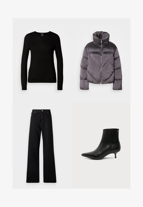 Daunenjacke in Dunkelgrau, mit hohem Kragen, glänzendem Material, Zickzackmuster und einem Reißverschluss vorne. Kurze, gepolsterte Ärmel.; Schwarzer Pullover aus feinem Strickmaterial, mit rundem Halsausschnitt und langen Ärmeln mit enganliegenden Bündchen. Keine sichtbaren Muster oder Verzierungen.; Schwarze weit geschnittene Jeans aus Denim mit einem Fünf-Taschen-Design, vorderem Knopfverschluss und dezenten Nähdetails.; Schwarzer Leder-Knöchel-Stiefel mit spitzer Spitze und niedrigem Kittenabsatz vor hellem Hintergrund, seitliche Ansicht.