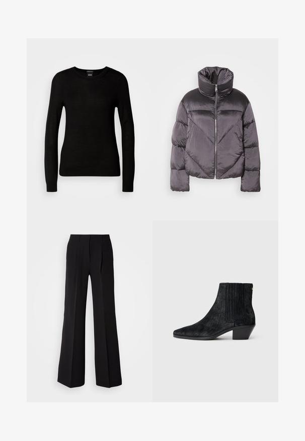 Chaqueta tipo puff en gris oscuro, con un cuello alto, material brillante, patrón de flechas y cierre frontal con cremallera. Mangas cortas y acolchadas.; Suéter negro confeccionado en un material de punto fino, con cuello redondo y mangas largas con puños ajustados. Sin patrones ni adornos visibles.; Pantalones negros de tejido suave, con cintura alta, silueta de pierna ancha y dos pliegues frontales para añadir detalle de diseño.; Botín negro hasta el tobillo con punta afilada, material texturizado similar al pelo, panel lateral acanalado y un tacón bajo y cuadrado. Diseño simple y moderno.
