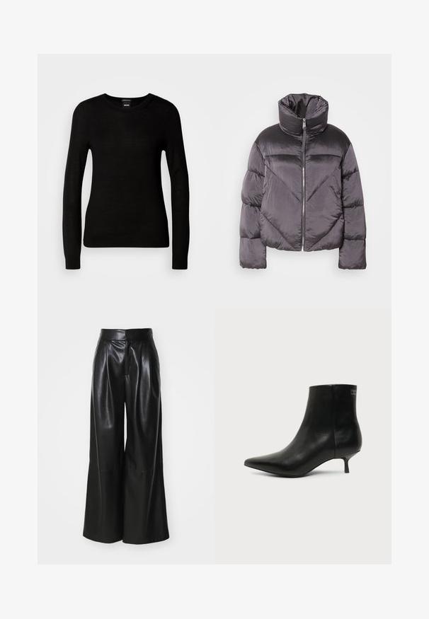 Chaqueta tipo puff en gris oscuro, con un cuello alto, material brillante, patrón de flechas y cierre frontal con cremallera. Mangas cortas y acolchadas.; Suéter negro confeccionado en un material de punto fino, con cuello redondo y mangas largas con puños ajustados. Sin patrones ni adornos visibles.; Pantalones de cuero sintético negros de pierna ancha con una cintura alta, frente plisado y textura suave. Presenta un diseño limpio y minimalista.; Botín de piel negra con puntera puntiaguda y tacón bajo estilo kitten sobre fondo claro, mostrando vista lateral exterior.