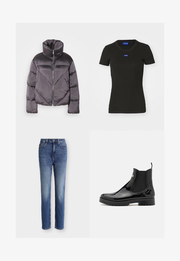Daunenjacke in Dunkelgrau, mit hohem Kragen, glänzendem Material, Zickzackmuster und einem Reißverschluss vorne. Kurze, gepolsterte Ärmel.; Schwarzes T-Shirt mit kurzen Ärmeln aus geripptem Baumwollstoff, das auf der Vorderseite ein blaues "HUGO"-Logo-Label aufweist. Klassisches Rundhalsdesign.; Midblaue Jeans mit hoher Taille und geradem Bein, vorne Taschen, Gürtelschlaufen, Knopfverschluss und dezenten, ausgewaschenen Details an Oberschenkeln und Knien.; HUGO TABITA - Gummistiefel - black