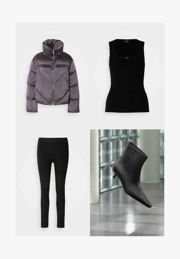 Chaqueta tipo puff en gris oscuro, con un cuello alto, material brillante, patrón de flechas y cierre frontal con cremallera. Mangas cortas y acolchadas.; Top de tirantes negro acanalado con escote cuadrado, que presenta un pequeño logotipo en el centro. Confeccionado en un material suave y texturizado.; Leggings negros con una textura suave, que cuentan con una cinturilla flexible y sutiles detalles en las costuras. Sin patrones ni elementos de hardware presentes.; Bota de cuero negro para el tobillo con puntera puntiaguda y tacón pequeño, exhibida frente a una pared de bloques de vidrio y un suelo pulido.