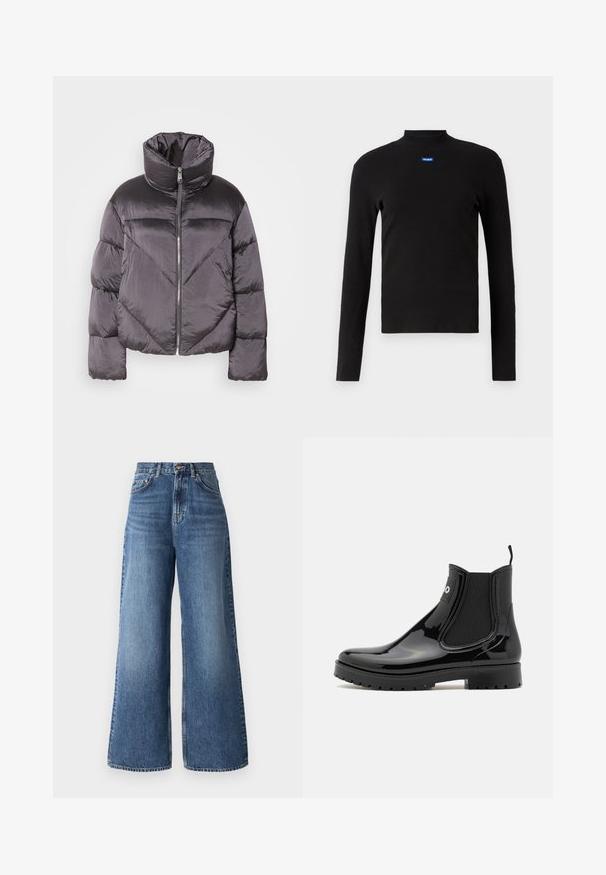 Daunenjacke in Dunkelgrau, mit hohem Kragen, glänzendem Material, Zickzackmuster und einem Reißverschluss vorne. Kurze, gepolsterte Ärmel.; HUGO EASY - Langarmshirt - schwarz; Hochtaillierte, lässige Jeans aus hellblauem Denim mit einem klassischen Fünf-Taschen-Design und dezentem Verblassen entlang der Beine.; HUGO TABITA - Gummistiefel - black