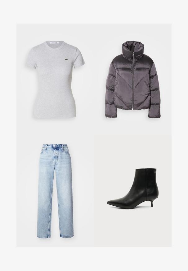 Daunenjacke in Dunkelgrau, mit hohem Kragen, glänzendem Material, Zickzackmuster und einem Reißverschluss vorne. Kurze, gepolsterte Ärmel.; Hellgrau gefittetes T-Shirt mit kurzen Ärmeln und rundem Ausschnitt sowie einem kleinen grünen Lacoste-Krokodil-Logo auf der linken Brust.; Hellblaue High-Waist-Jeans mit lockerer Passform, geradem Bein, fünf Taschen und klassischem Knopf- und Reißverschluss.; Schwarzer Leder-Knöchel-Stiefel mit spitzer Spitze und niedrigem Kittenabsatz vor hellem Hintergrund, seitliche Ansicht.