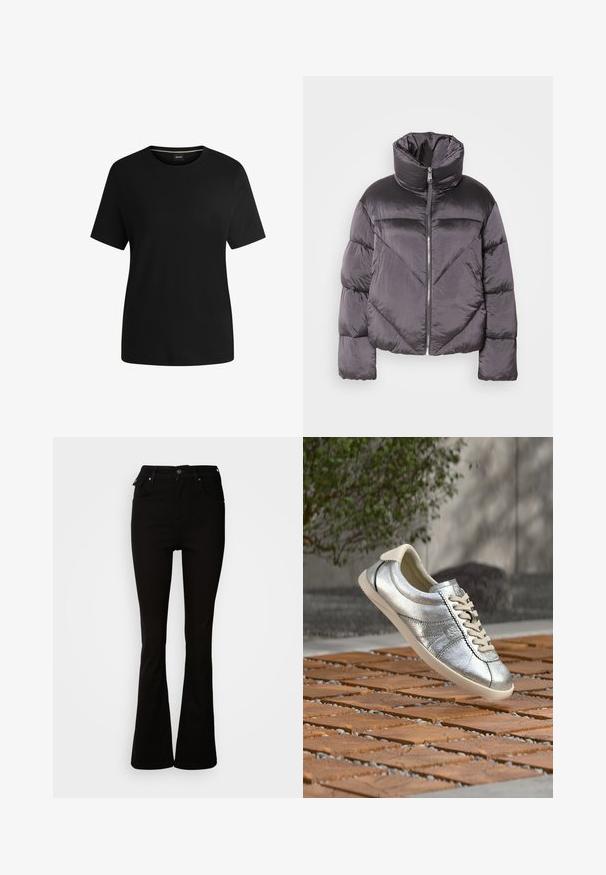 Daunenjacke in Dunkelgrau, mit hohem Kragen, glänzendem Material, Zickzackmuster und einem Reißverschluss vorne. Kurze, gepolsterte Ärmel.; Schwarzes kurzärmliges T-Shirt aus weichem Baumwollstoff mit Rundhalsausschnitt und glatter Textur. Einfaches Design ohne Muster oder Akzente.; Schwarze, aus Denim gefertigte Schlagjeans mit hoher Taille, vorderen Taschen und einem klassischen Fünf-Taschen-Design mit Metallakzenten.; Silberner Ledersneaker mit beigen Schnürsenkeln und Sohle, der über einer strukturierten Holz- und Kiesoberfläche im Freien schwebt.